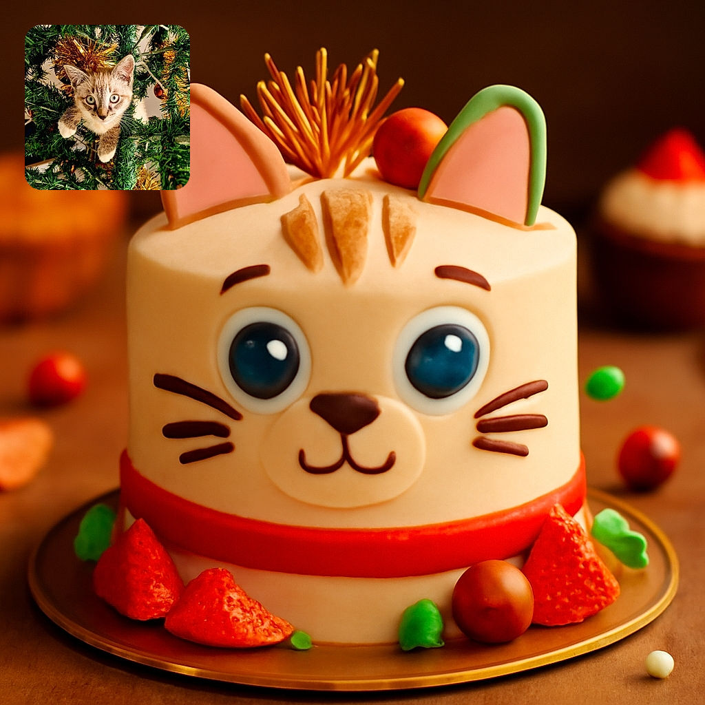 A curious kitten with striking blue eyes is nestled playfully within the branches of a decorated Christmas tree, surrounded by shiny golden tinsel and green foliage, looking like it’s ready to pounce on holiday mischief.