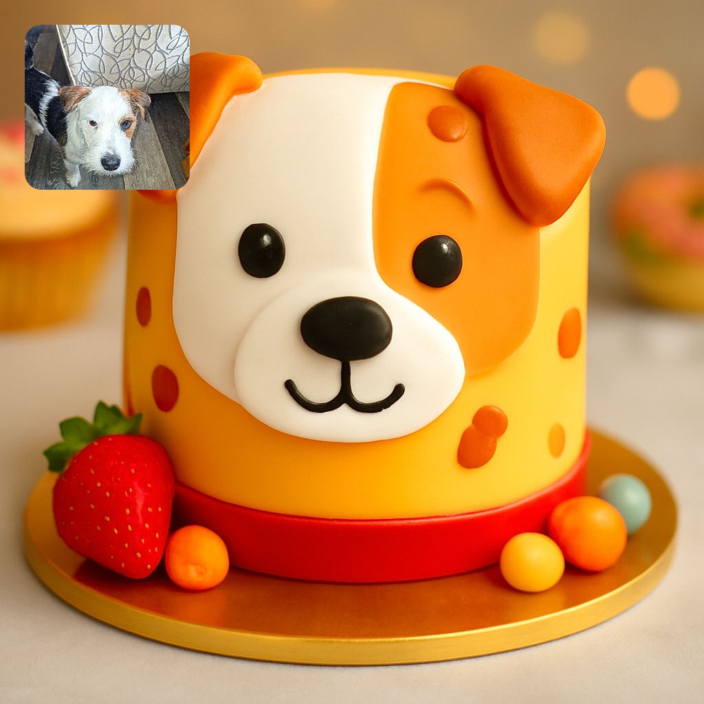 A curious little dog with a scruffy white and brown face peers up at the camera, standing on a wooden floor with a patterned couch in the background, ready to melt hearts with its innocent gaze.