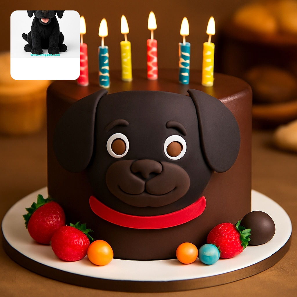 A cute black dog sitting with a happy expression, but it looks more like a very realistic plush toy or CGI model rather than a real photo. There's a turquoise text overlay at the bottom that says 'www.kingpet.com'.