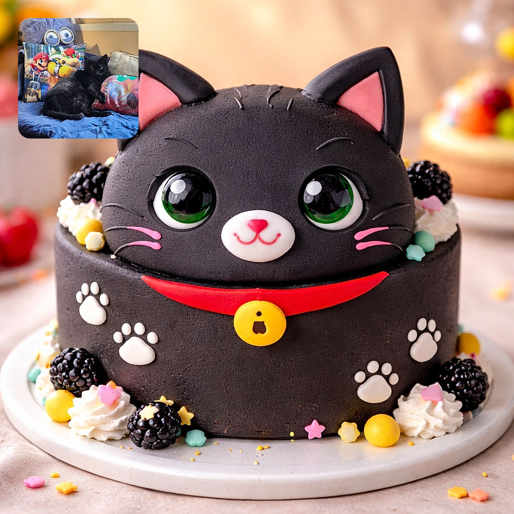 A sleek black cat lounges regally on a cozy blue quilted surface, surrounded by colorful cushions including a vibrant Mario Kart-themed pillow and a fluffy purple toy with big cartoon eyes, creating a playful and comfy scene.