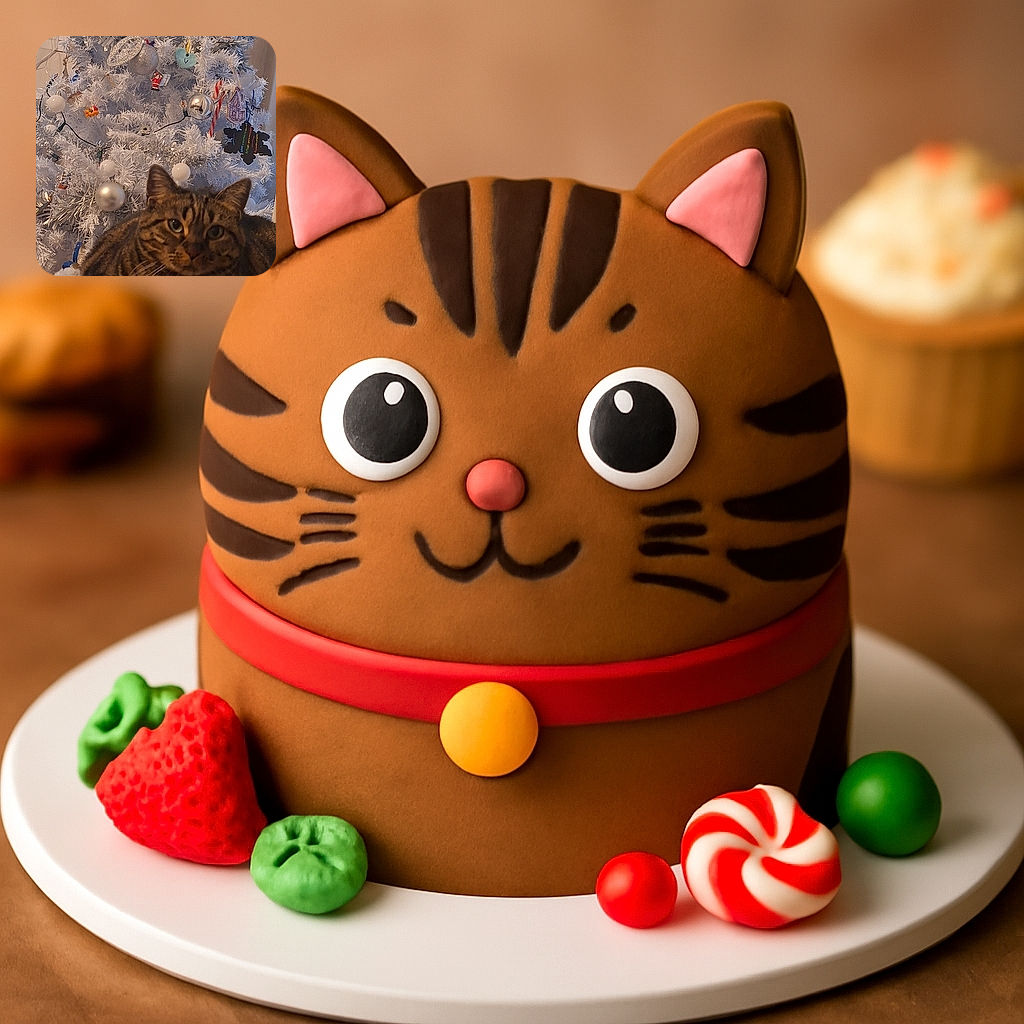 A cozy tabby cat lounges comfortably on a soft bed in front of a festively decorated white Christmas tree adorned with blue and silver ornaments, creating a warm holiday vibe.