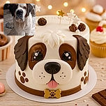 A solemn Saint Bernard stands proudly on a tiled floor, staring into the camera like a lovable gentle giant who has just been asked to explain the missing rope toy. A plastic chair, household clutter, and phone-gallery interface frame the portrait.