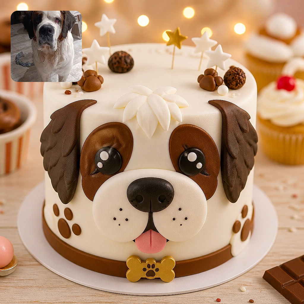 A solemn Saint Bernard stands proudly on a tiled floor, staring into the camera like a lovable gentle giant who has just been asked to explain the missing rope toy. A plastic chair, household clutter, and phone-gallery interface frame the portrait.