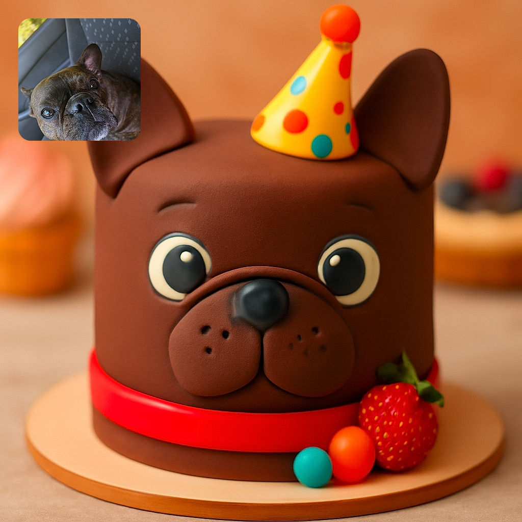 A close-up shot of a brindle French Bulldog sitting on a car seat, looking curiously into the camera with shiny eyes and a slightly wrinkled snout, surrounded by the textured fabric of the seat and a blurred green background outside the window.