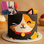 A fluffy calico cat sits calmly indoors with its eyes closed, basking in soft light. The background features a red curtain and some pipes, giving an everyday cozy vibe.