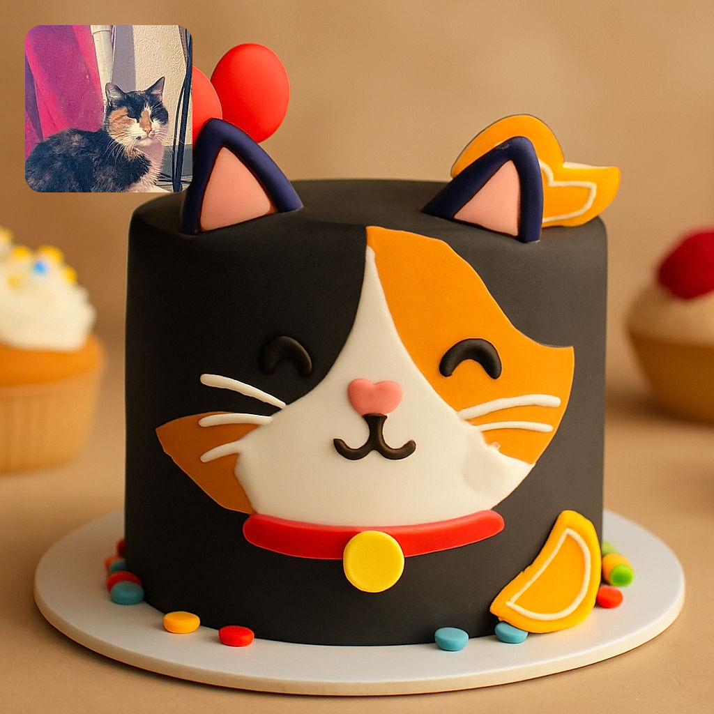 A fluffy calico cat sits calmly indoors with its eyes closed, basking in soft light. The background features a red curtain and some pipes, giving an everyday cozy vibe.