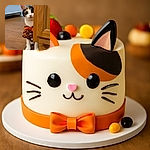 A curious calico cat peeks out from behind a wooden cabinet, dressed adorably in a Halloween-themed shirt covered with jack-o'-lanterns and an orange bow tie, standing on a warm wooden floor with a soft background.