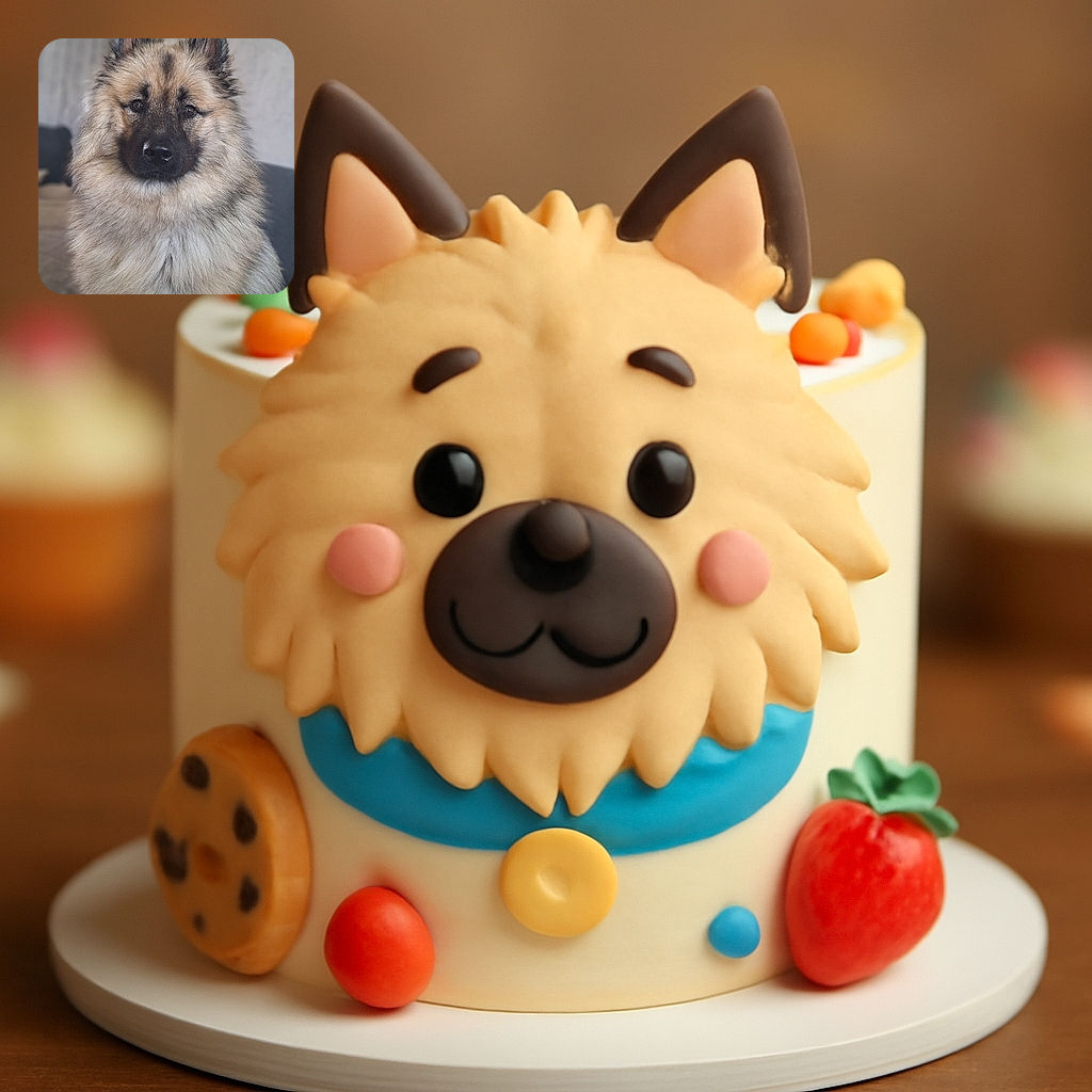 A majestic fluffy dog with a thick, soft coat sits calmly, staring directly at the camera with soulful eyes, framed by a softly blurred indoor background.