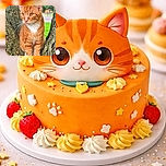 A curious ginger tabby cat with striking orange eyes perched comfortably in the crook of a tree, surrounded by rough bark and a blurred background of green grass and distant trees.