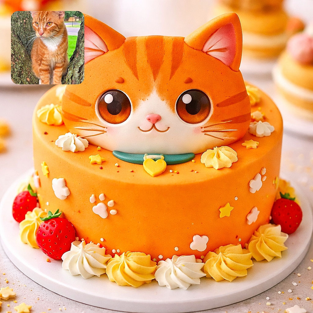 A curious ginger tabby cat with striking orange eyes perched comfortably in the crook of a tree, surrounded by rough bark and a blurred background of green grass and distant trees.