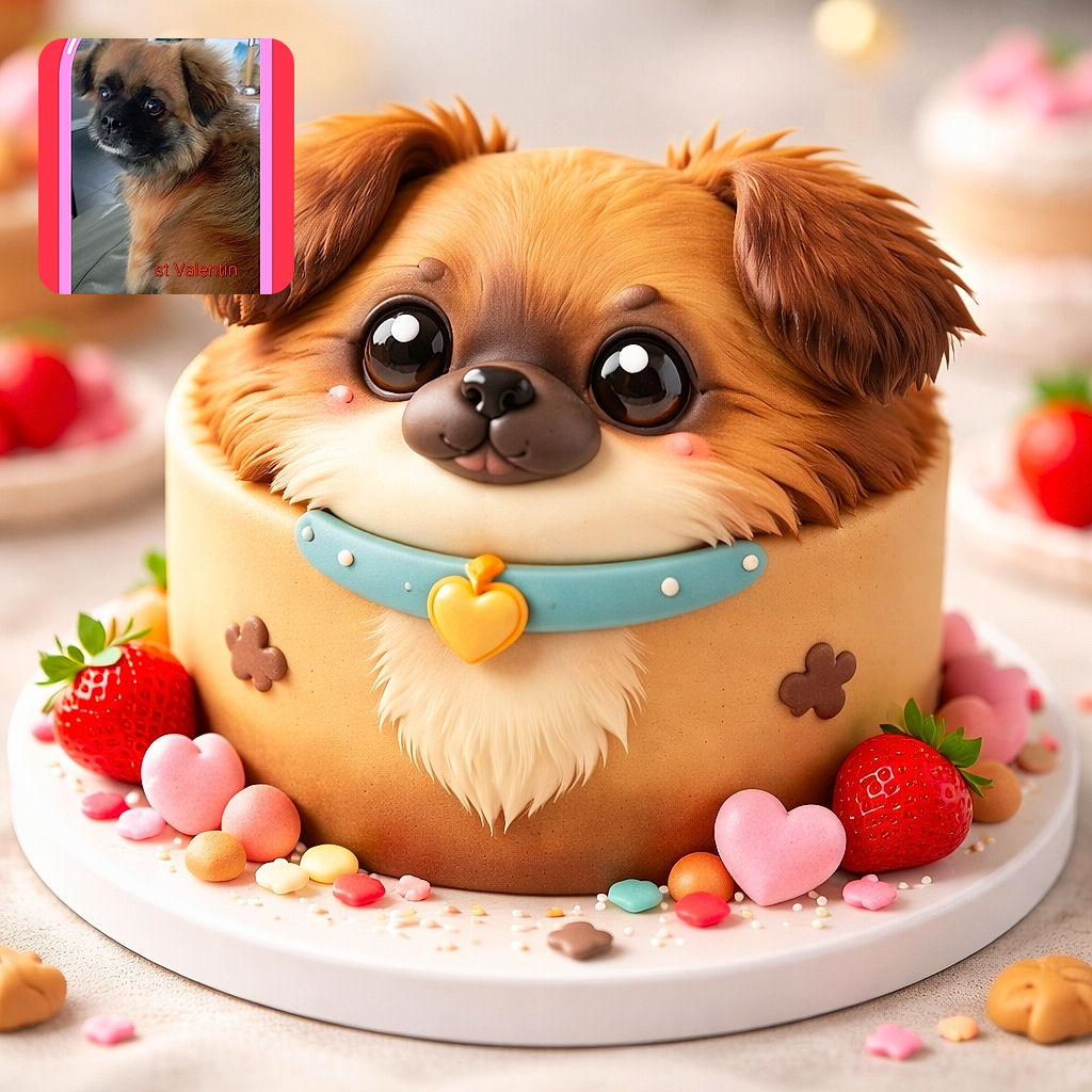 A fluffy brown dog gives a soulful, slightly blurry valentine stare from inside a cartoon pink frame — complete with a blue heart sticker and the red 'st Valentin' caption. Looks like someone dressed up their couch for romance and the pup is mildly bemused.