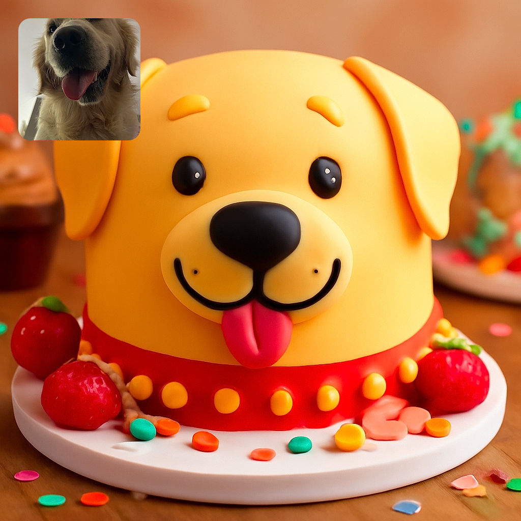 A close-up shot of a happy golden retriever with its tongue out, looking down at the camera with a friendly and curious expression. The background is blurred and neutral, making the dog's fluffy fur and shiny nose the main focus.
