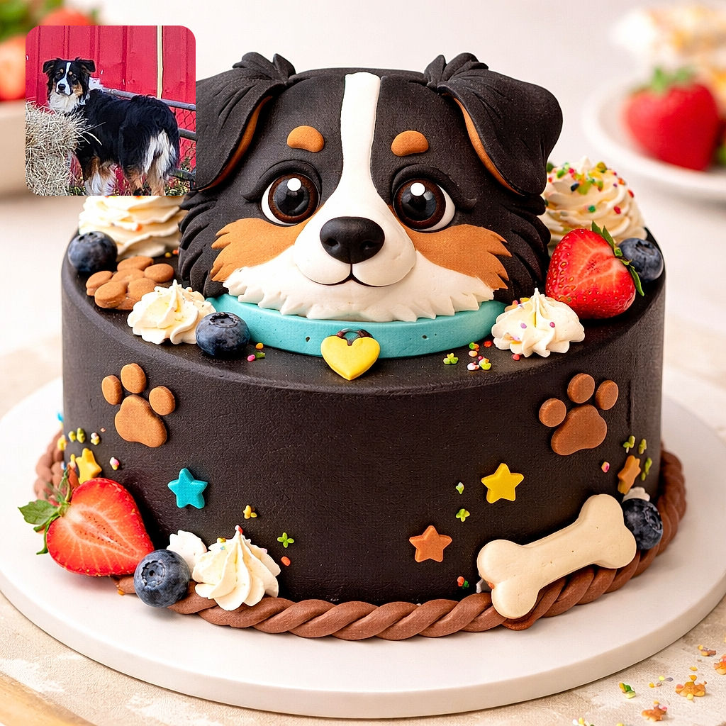 A fluffy tricolor dog stands alert next to a hay bale in front of a bright red fence, looking back with curious eyes as if guarding a secret farm mission.