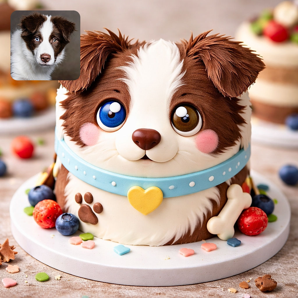 A stunning close-up portrait of a dog with striking heterochromatic eyes—one icy blue and one warm amber—framed by fluffy brown and white fur, showcasing impeccable focus and soft lighting against a neutral background.