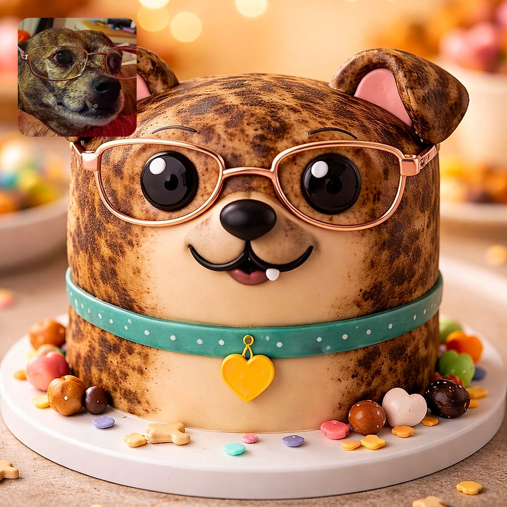 A spectacled brindle dog stares off with the solemn wisdom of someone who knows where the treats are — tiny snaggletooth and all. Glasses sit slightly askew as a human hand props the pup up for this dignified close-up.