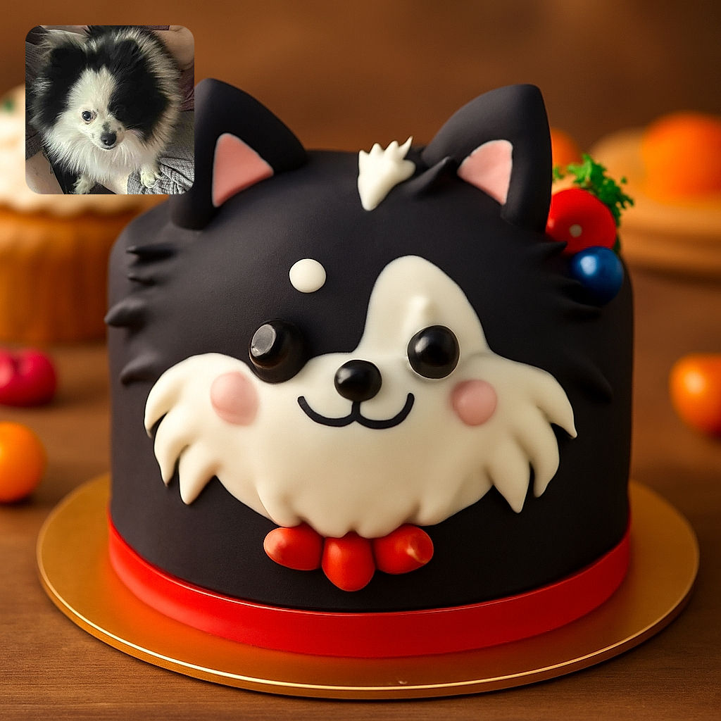 A fluffy black and white Pomeranian dog looks up with curious eyes while sitting on a person's lap, surrounded by cozy indoor textures and casual attire.