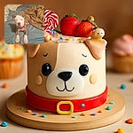 A sleepy puppy with a red collar lounges on a wrinkled blue bedspread, surrounded by cozy pillows and a rumpled brown blanket, looking like it's ready for a nap or some belly rubs.