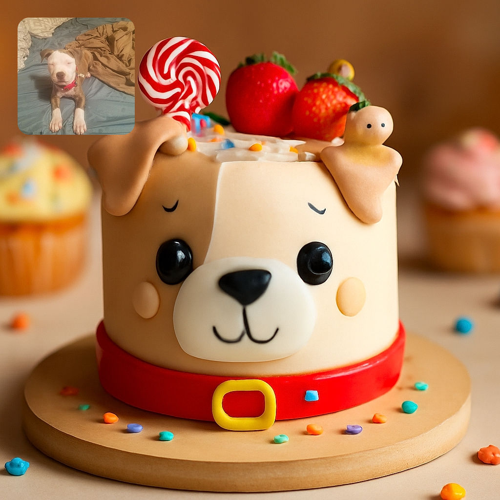 A sleepy puppy with a red collar lounges on a wrinkled blue bedspread, surrounded by cozy pillows and a rumpled brown blanket, looking like it's ready for a nap or some belly rubs.