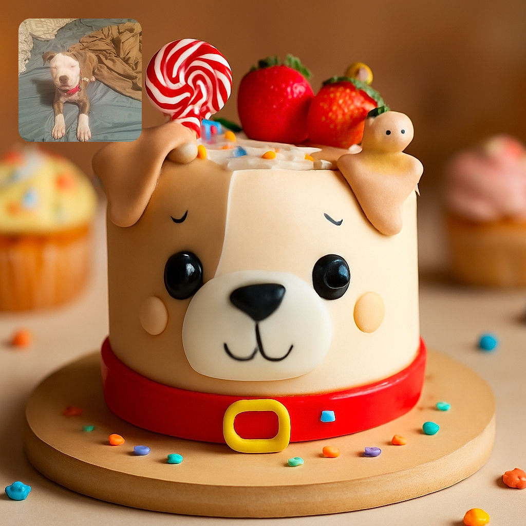 A sleepy puppy with a red collar lounges on a wrinkled blue bedspread, surrounded by cozy pillows and a rumpled brown blanket, looking like it's ready for a nap or some belly rubs.