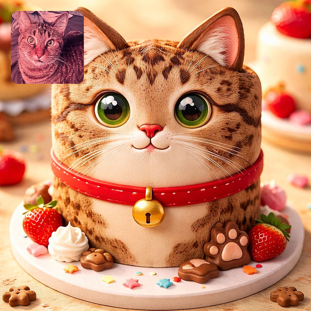 A close-up photo of a curious tabby cat with large, expressive eyes staring directly at the camera. The cat's fur displays beautiful stripes, and the background is softly blurred with fabric textures, giving a cozy indoor vibe. The warm lighting adds a reddish tint, enhancing the intimate feel.