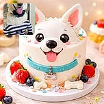 A happy white dog dressed in a black and white striped prisoner costume with a sign saying 'I steal kisses' stands on a wooden floor, tongue out and ears perked up, looking ready for some mischief.