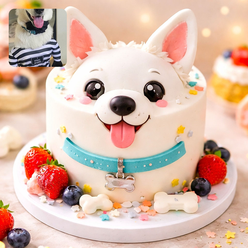 A happy white dog dressed in a black and white striped prisoner costume with a sign saying 'I steal kisses' stands on a wooden floor, tongue out and ears perked up, looking ready for some mischief.