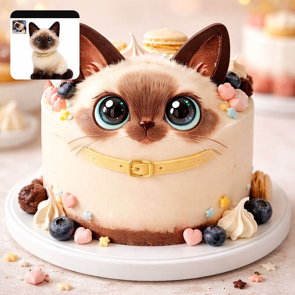 A ridiculously photogenic Siamese kitten stares straight into the camera with enormous blue eyes and a tiny golden collar, sitting on a seamless white studio background. A smaller thumbnail of the same cat peeks from the upper-left like an embarrassed twin, and a turquoise "www.kingpet.fr" tag anchors the bottom like a cheeky caption from the internet.