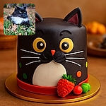 A majestic black and white cat lounges elegantly in a bed of green grass and fallen autumn leaves, its bright yellow eyes scanning the surroundings with a regal gaze, while the blurred forest background adds a serene, natural vibe.