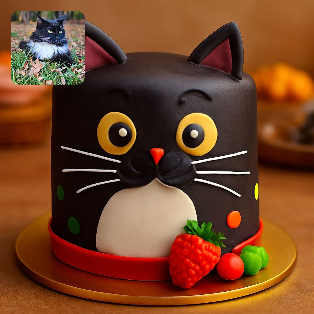 A majestic black and white cat lounges elegantly in a bed of green grass and fallen autumn leaves, its bright yellow eyes scanning the surroundings with a regal gaze, while the blurred forest background adds a serene, natural vibe.