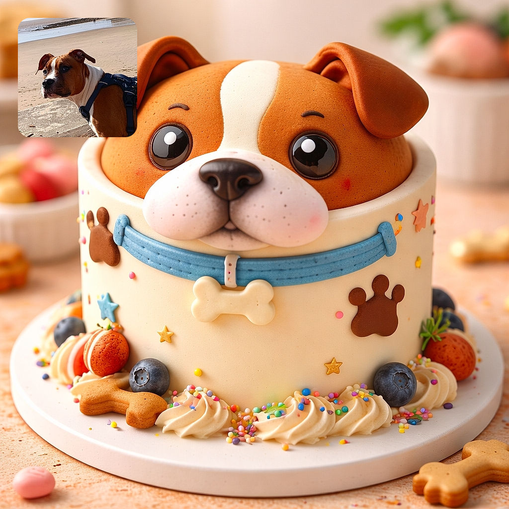 A curious brown-and-white dog in a harness gives a dramatic side-eye on a sunny beach, as if guarding the coastline and plotting to bury every stick in sight.