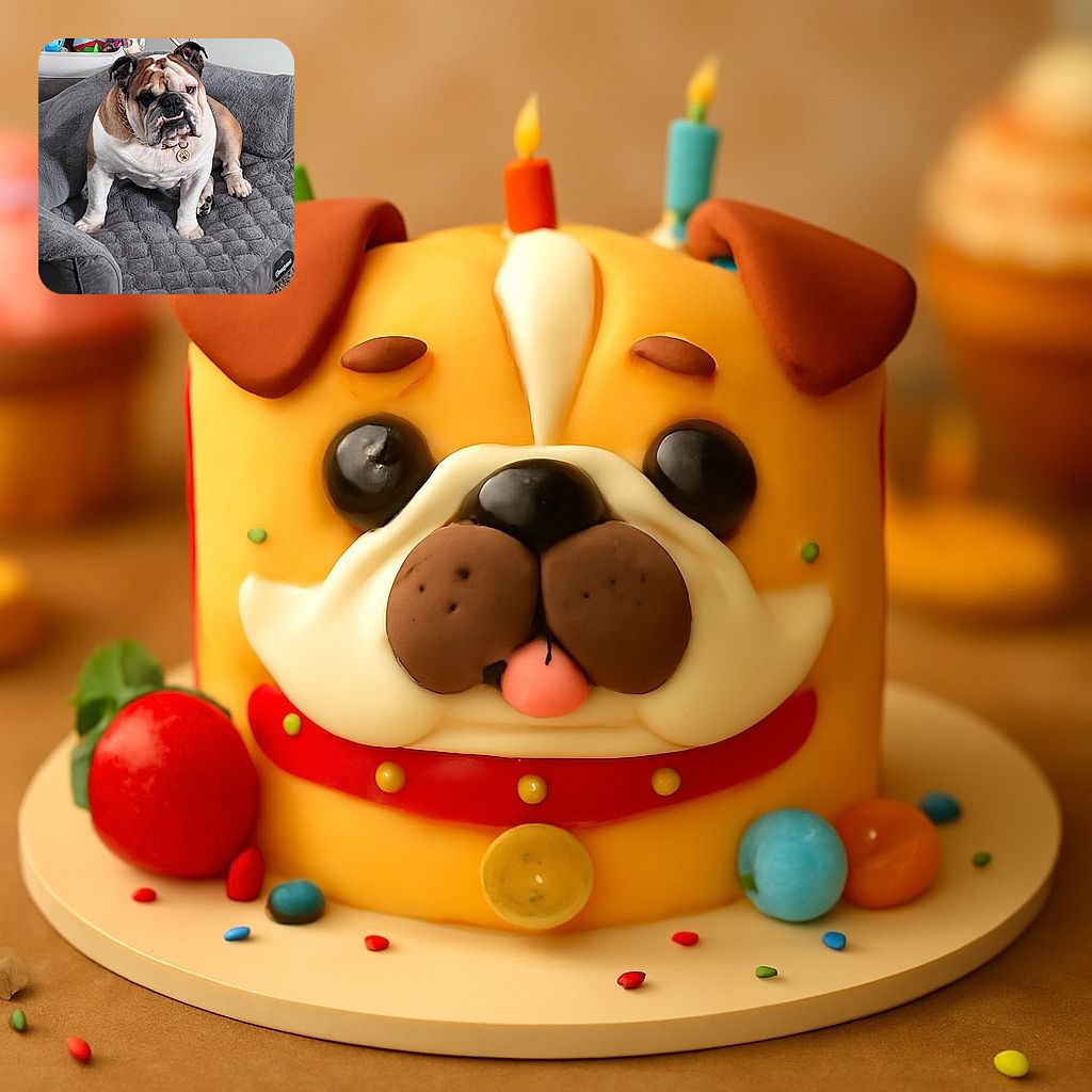 A charming bulldog lounges comfortably on a plush gray dog bed, sporting a gold chain and tag, with colorful toys in the background adding a playful vibe to this cozy indoor scene.