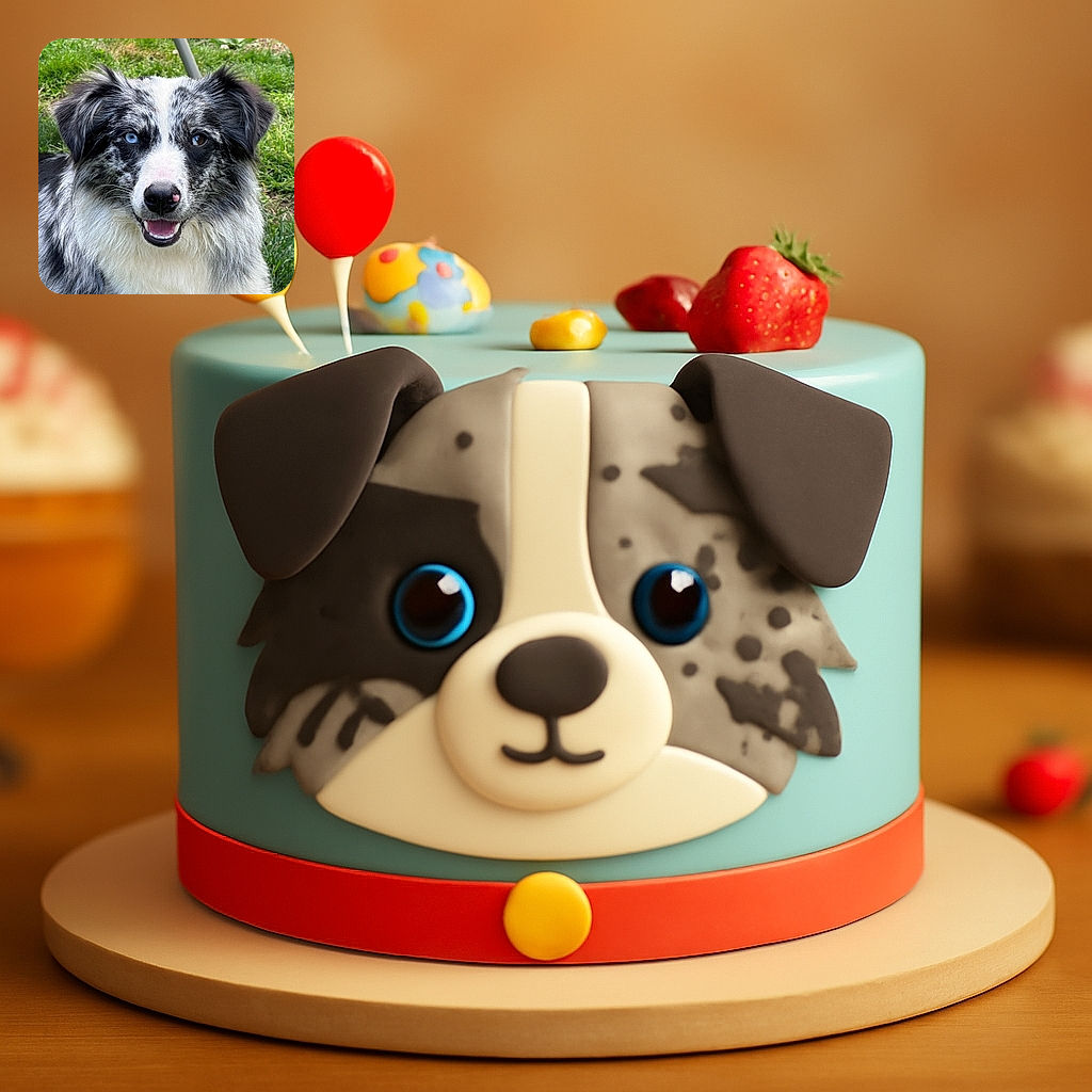 A close-up photo of a happy Australian Shepherd dog with striking heterochromia eyes—one blue, one brown—smiling with its mouth slightly open, surrounded by lush green grass in the background.