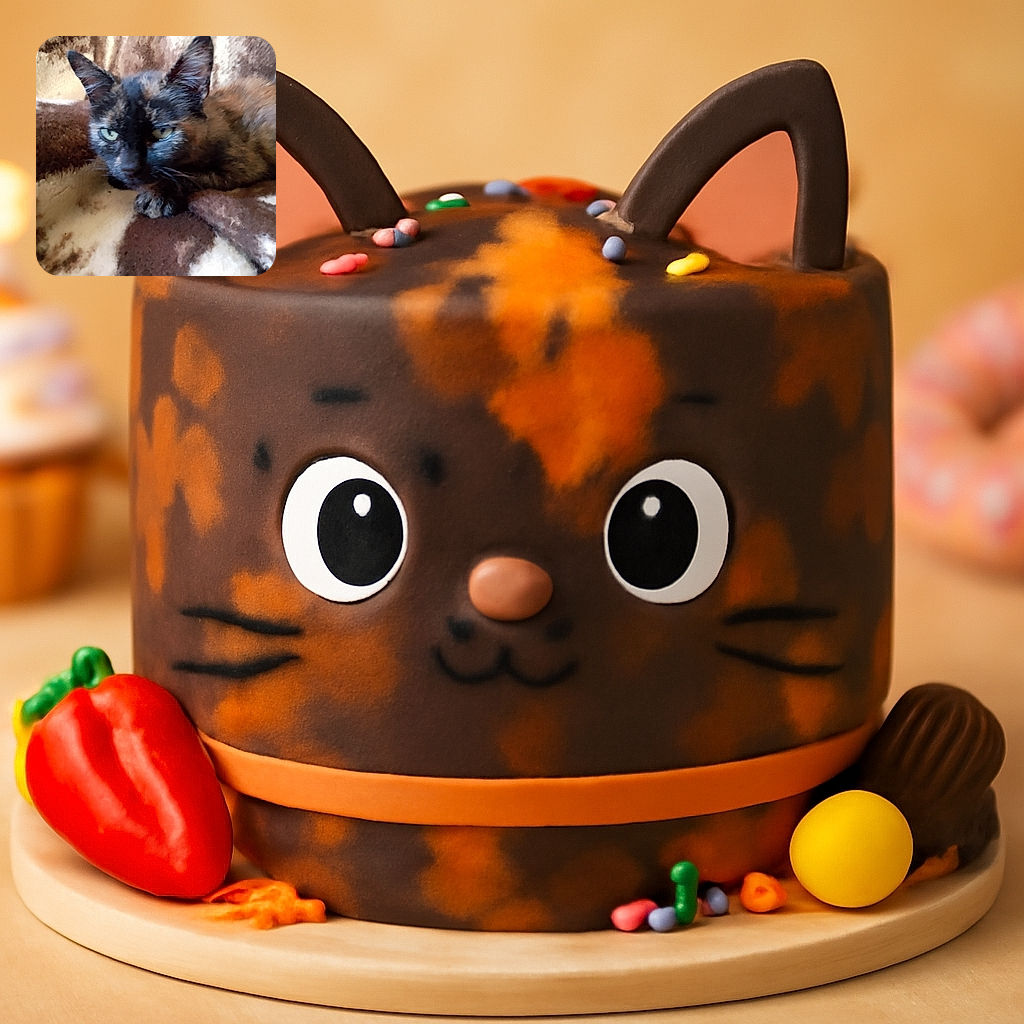 A tortoiseshell cat lounges on a cozy, patterned blanket, its green eyes staring intently at the camera, with a slightly blurred focus giving a soft, homey feel.