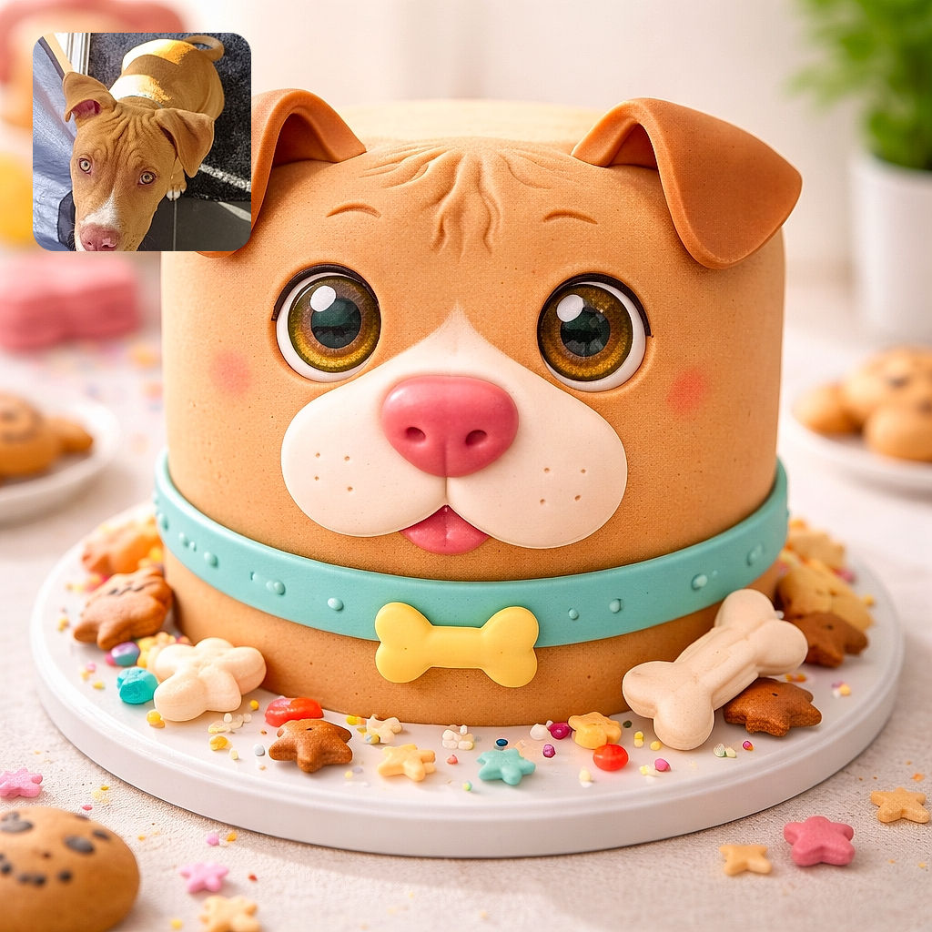 A sunlit, big-eyed puppy stares up with a hopeful nose-first expression — ears flopped, wrinkles on the forehead, and a little white snout patch catching the light while a dark rug and tile floor frame the scene.