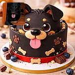 A happy black and tan dog lounging comfortably inside a wooden dog house with its tongue out, looking content and relaxed on a polished wooden floor.