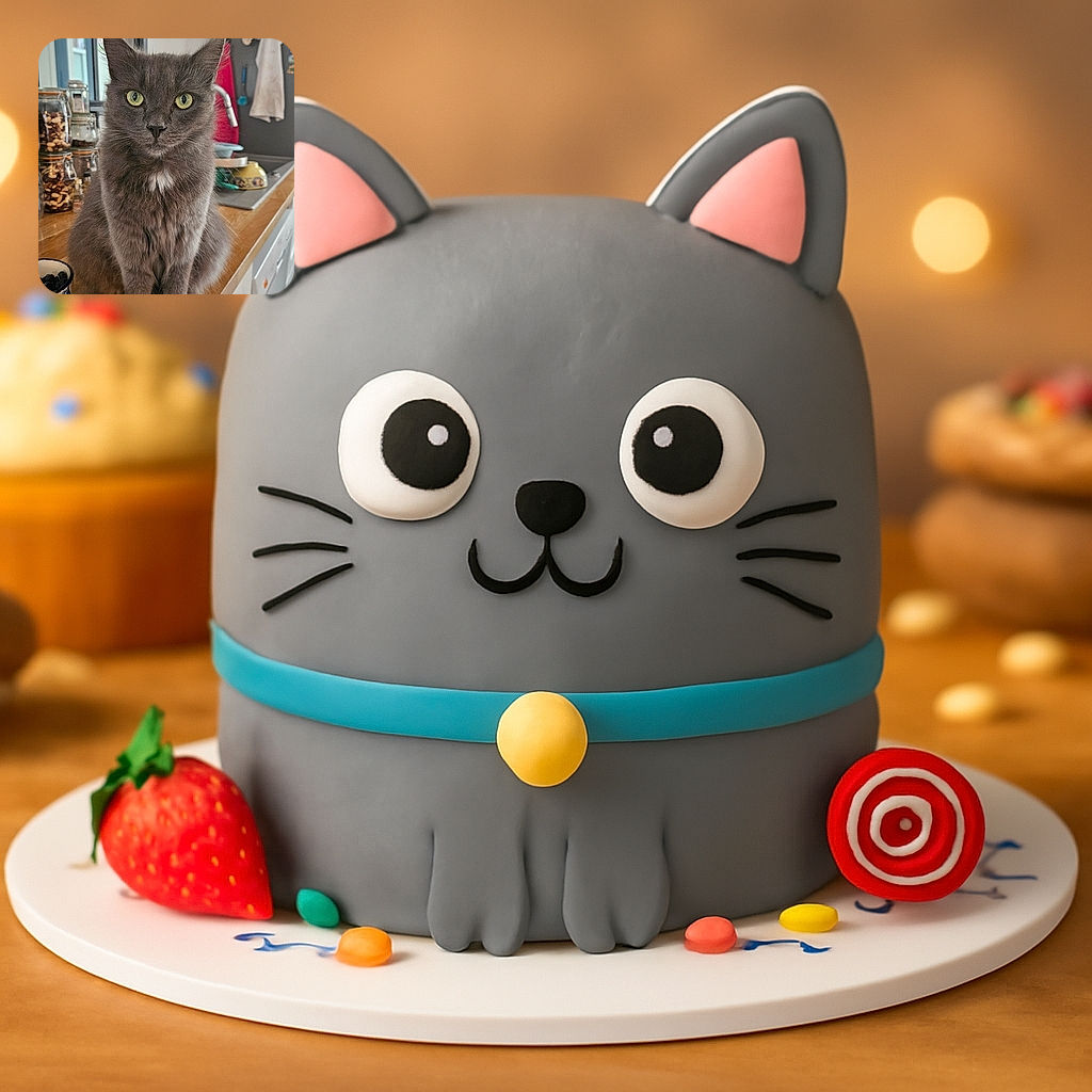 A fluffy gray cat with striking yellow-green eyes sits majestically on a wooden kitchen counter, surrounded by jars of nuts and kitchen utensils, giving off an air of quiet kitchen royalty.