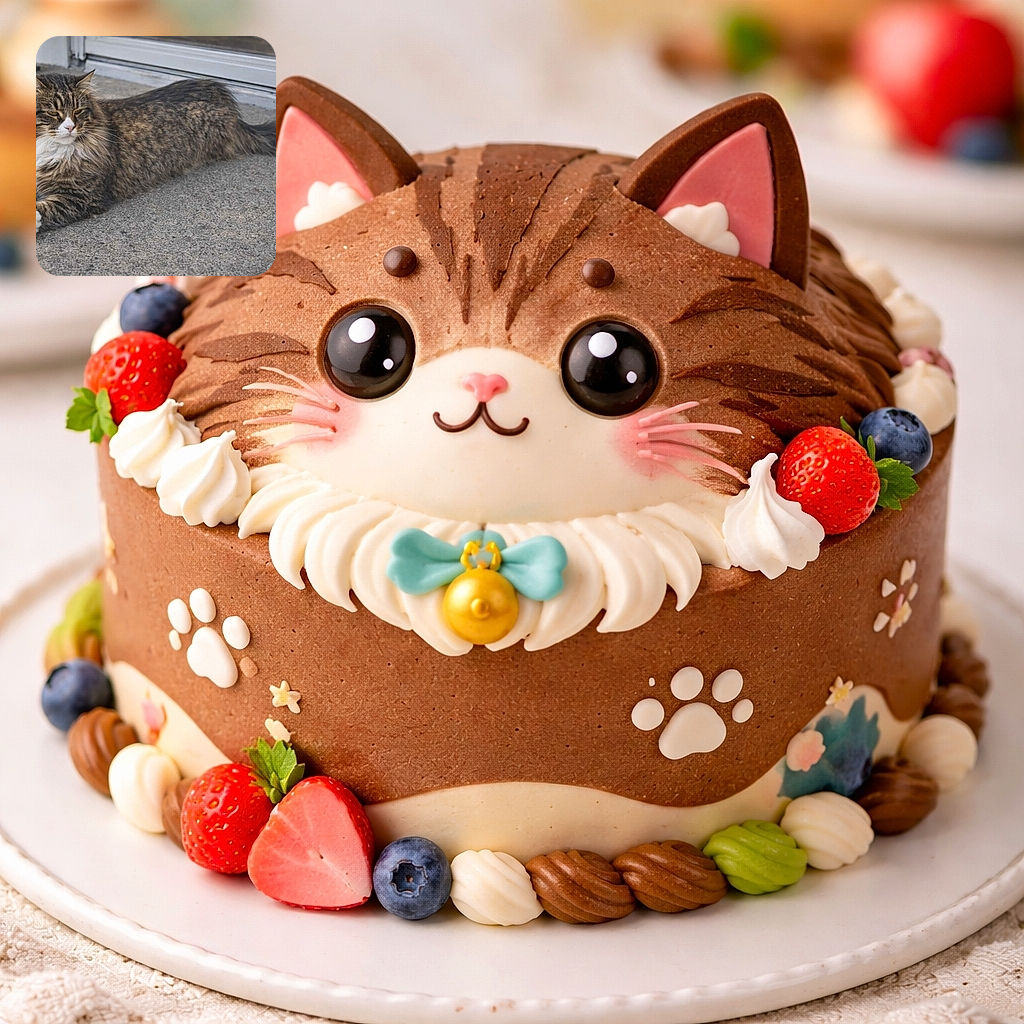 A regal, fluffy tabby cat lounges on a concrete surface near a door, looking off to the side with a calm and slightly aloof expression, showcasing its luxurious fur and white paws.