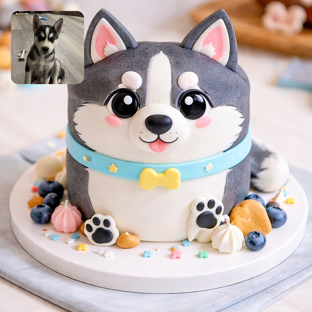 An adorable husky puppy sits attentively on a wooden floor, looking straight at the camera with curious eyes. Toys and home furnishings are visible in the background, giving a cozy indoor vibe.