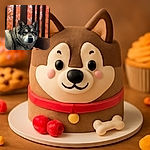 A majestic dog with thick fur poses calmly against a backdrop of vibrant autumn leaves seen through vertical wooden slats, creating a warm and cozy fall atmosphere.