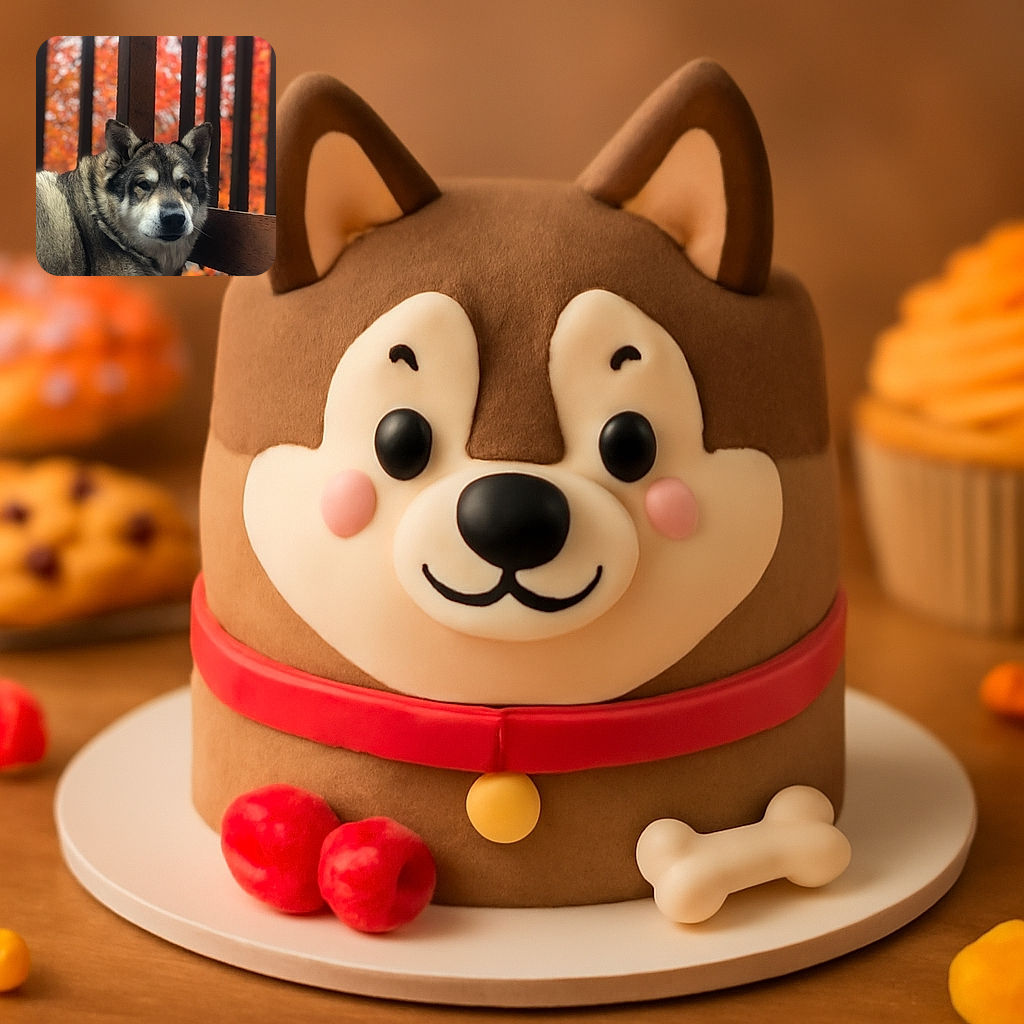 A majestic dog with thick fur poses calmly against a backdrop of vibrant autumn leaves seen through vertical wooden slats, creating a warm and cozy fall atmosphere.