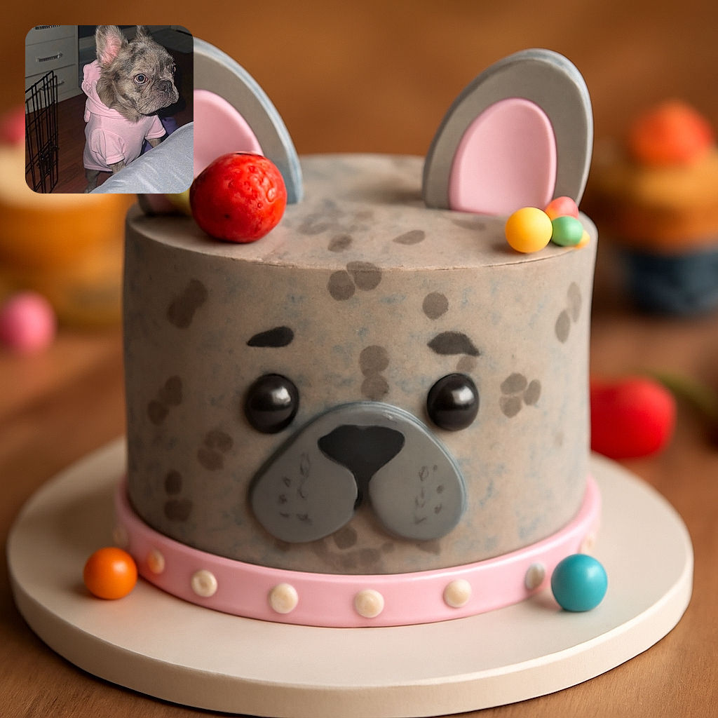 A small dog with a brindle coat and large ears is standing on its hind legs, wearing a cozy pink hoodie, looking curiously over a gray surface in a dimly lit room with wooden floors and some furniture.