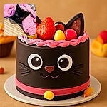 A cute black kitten peeks out from under a cozy, chunky pink knitted blanket, resting on a textured beige surface with a gray patterned background. The kitten's wide eyes and curious expression add warmth and charm to the snug setting.