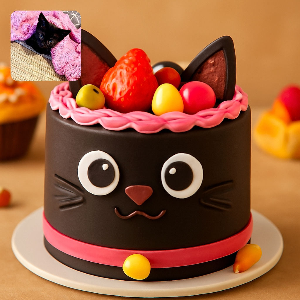 A cute black kitten peeks out from under a cozy, chunky pink knitted blanket, resting on a textured beige surface with a gray patterned background. The kitten's wide eyes and curious expression add warmth and charm to the snug setting.