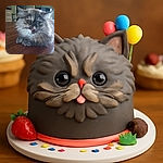 A fluffy cat with a slightly mischievous expression and its tongue sticking out is lounging on a wooden table, surrounded by cozy home decor including a plant and furniture in the background.