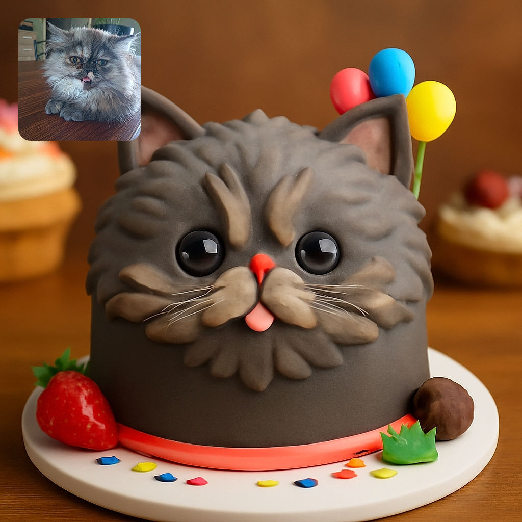 A fluffy cat with a slightly mischievous expression and its tongue sticking out is lounging on a wooden table, surrounded by cozy home decor including a plant and furniture in the background.