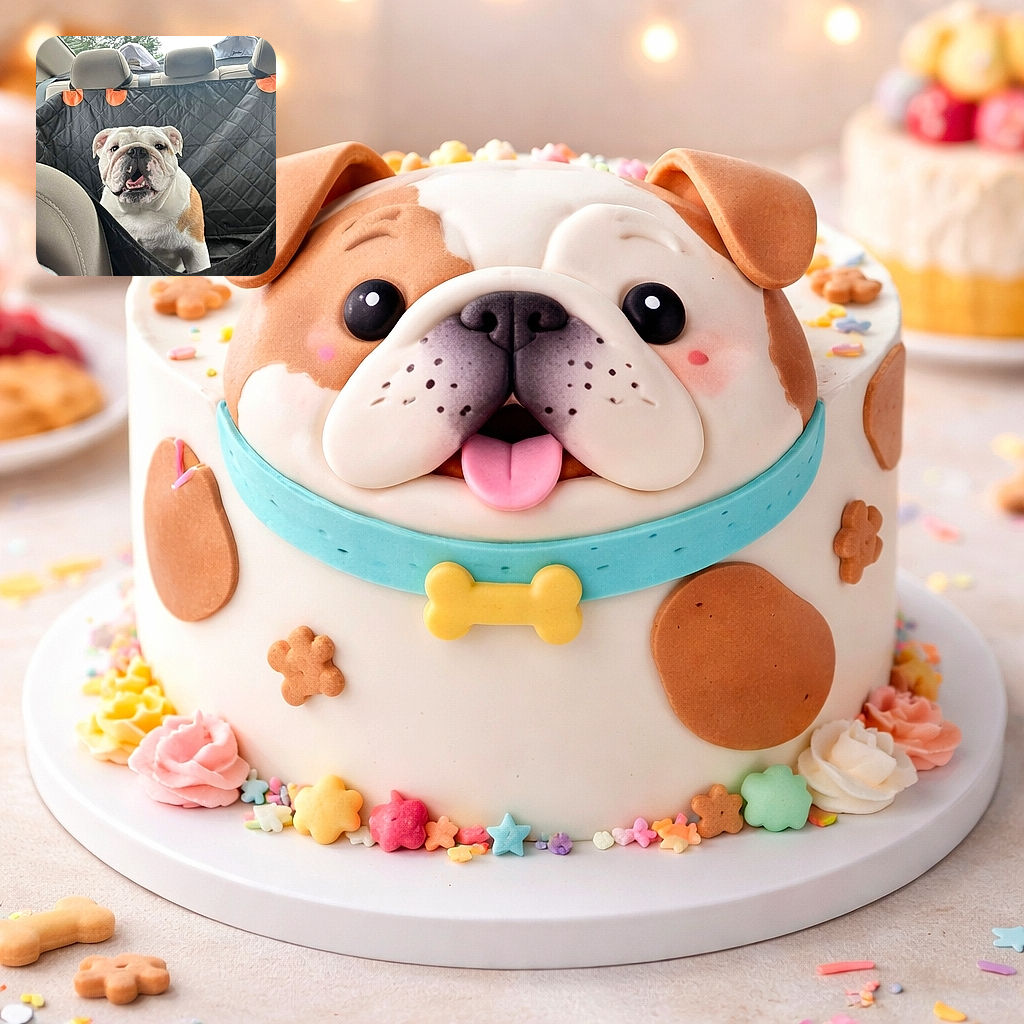 A squishy-faced English bulldog sits proudly in the backseat like a four-legged chauffeur, tongue out and teeth showing in a goofy grin while a quilted seat cover protects the car; outside the window you can see trees, and two headrests look like tiny hats.