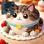 A chubby tabby cat loafing on a dark carpet, looking down like it just remembered where it hid the snacks. The photo is a bit soft and noisy but captures the cat's striped back, white chest and unimpressed expression perfectly.