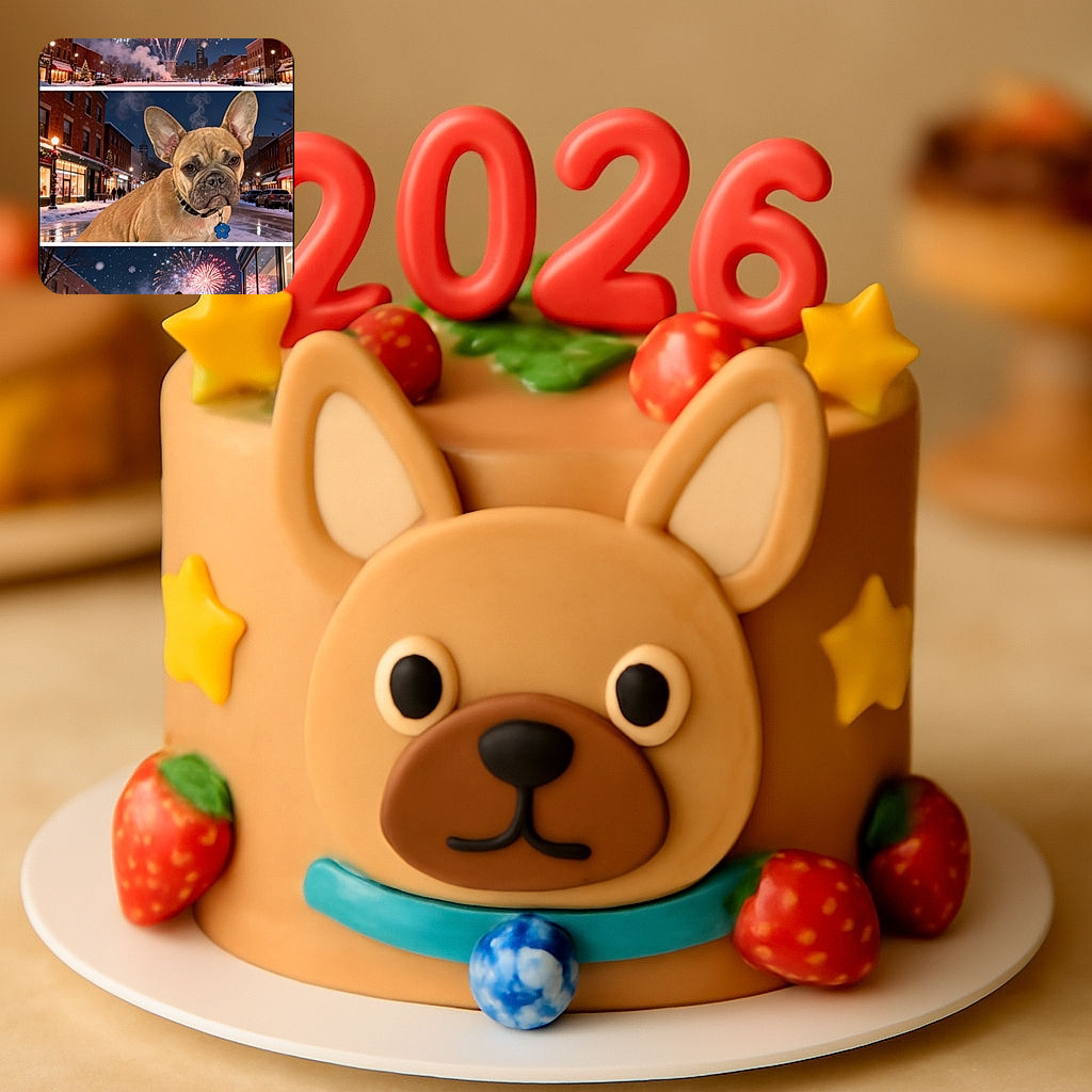 A charming triptych of a French bulldog enjoying a snowy city street at night with fireworks lighting up the sky and a sparkling '2026' in the air, blending festive celebration with cozy winter vibes. The dog looks adorably serious in the middle frame and contemplative in the last, while the first frame sets the scene with a festive town and dazzling fireworks.