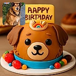 A regal-looking dog named Mario sits patiently on a pathway, sporting a playful rainbow crown sticker on its head and surrounded by cheerful birthday-themed text overlays. The furry friend seems to be the star of a birthday celebration in a natural outdoor setting with greenery in the background.