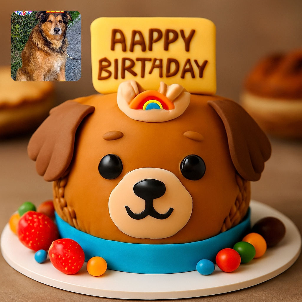 A regal-looking dog named Mario sits patiently on a pathway, sporting a playful rainbow crown sticker on its head and surrounded by cheerful birthday-themed text overlays. The furry friend seems to be the star of a birthday celebration in a natural outdoor setting with greenery in the background.